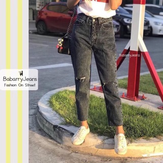 BabarryJeans ยีนส์ทรงบอยเฟรน เอวสูง ขาดเข่า สียีนส์ดำฟอกสโนว