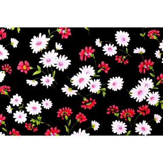[SALE] 45x55 ซม. ผ้าเมตร ผ้าคอตตอน ผ้าฝ้ายแท้ 100% ลายดอกไม้ ดอกเดซี่สีขาวและแดง บนพื้นสีดำ [PFQ550]