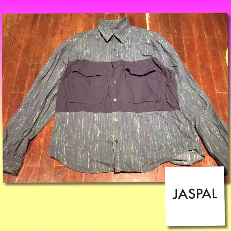 เสื้อเชิ้ต-jaspal-สีเขียวน้ำเงิน-ลายกราฟฟิก-มือสองสภาพดีมาก