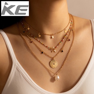 Versatile Jewelry Color Rice Beads Five-pointed Star Pearl Pendant 4 Layers Necklace for girls