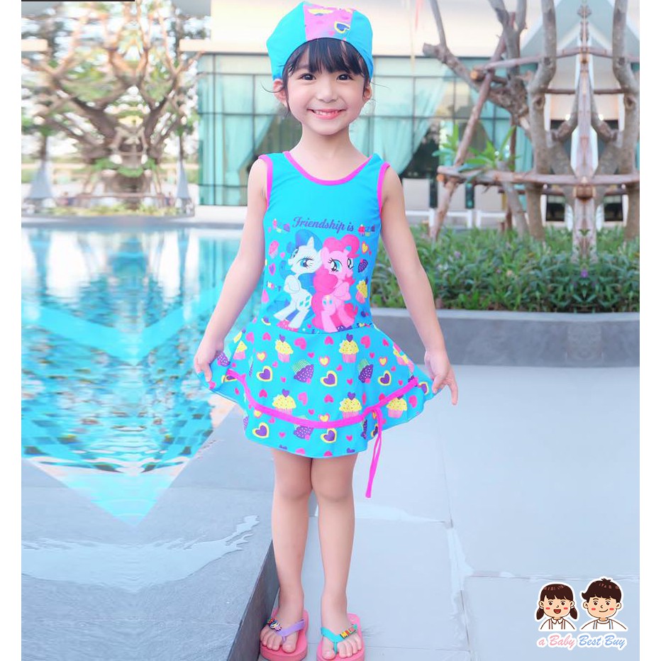 ไซส์-xs-ชุดว่ายน้ำเด็กผู้หญิง-my-little-pony-สีฟ้า-เสื้อแขนกุด-กระโปรง-มาพร้อมหมวกว่ายน้ำ-สุดน่ารัก-ลิขสิทธิ์ฮาสโบแท้