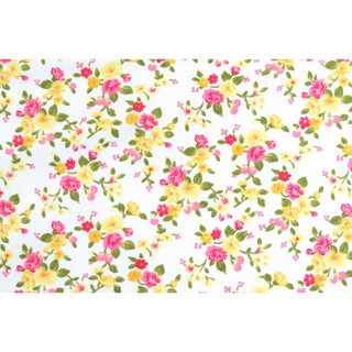 [SALE] ผ้าเมตร ผ้าคอตตอน ผ้าฝ้ายแท้ 100% ลายดอกไม้ ไซส์เล็กมินิน่ารัก ชมพู เหลือง ทอง บนพื้นสีขาว [PFQ650]