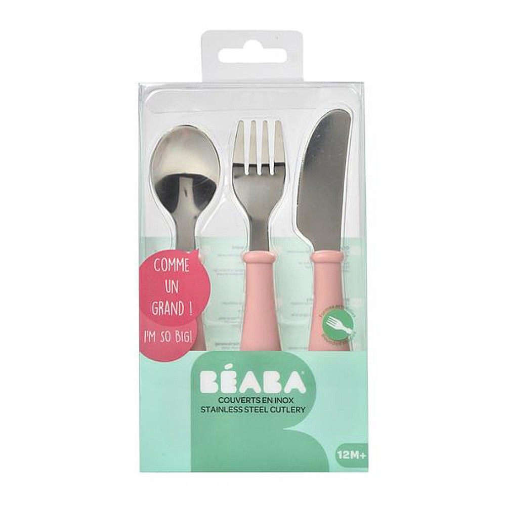 beaba-ชุดช้อนส้อมและมีด-stainless-steel-training-cutlery-knife-fork-spoon-light-pink
