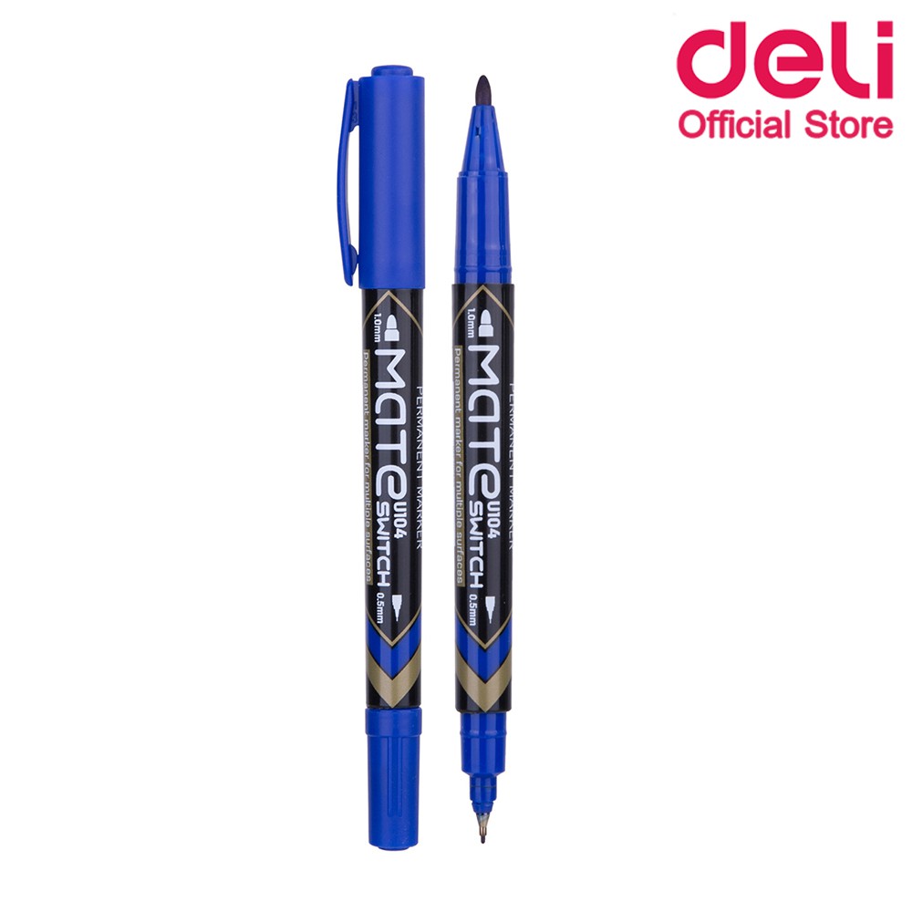 deli-u10430-marker-pen-ปากกามาร์คเกอร์-สำหรับเขียนซองพลาสติก-เขียนซีดี-โมเดล-แบบ-2-หัว-0-5mm-1mm-สีน้ำเงิน-แพ็ค-1-แท่ง