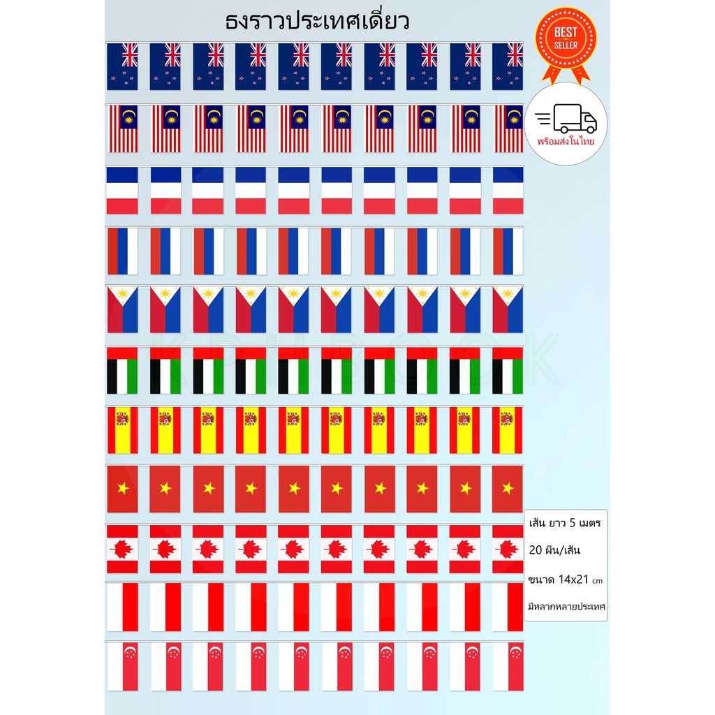ภาพสินค้าHOT  ธงราวนานาชาติ ธงแขวนนานาชาติ ธงราวประเทศเดี่ยว ยาว 5 เมตร ผืนธง 20 ผืน ขนาด 14x21cm พร้อมส่ง ธงชาติสำหรับตกแต่ง T1 จากร้าน kphbook บน Shopee ภาพที่ 1