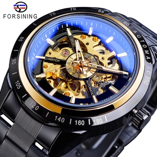 Forsining 2019 Unique Mens Mechanical Watch Automatic Black Steampunk Sport Watches Full Steel Band Wristwatch Relogio M