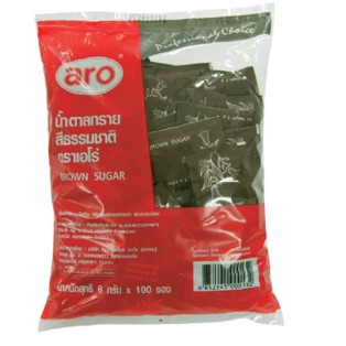 น้ำตาลทรายสีธรรมชาติ-ตราเอโร่-ขนาด-6กรัม-ยกแพ็ค-100ซอง-aro