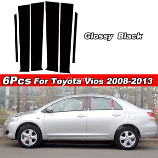 สติกเกอร์ติดเสากระจกรถยนต์ สีดํามันวาว สําหรับ Toyota Vios 2008 2009 2010 2011 2012 2013 Gen 2th g2 6 ชิ้น