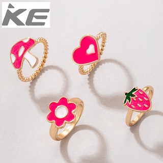 Jewelry Ring Red Mushroom Flower Love Strawberry Drop Combination Ring 4-Piece Set for girls f