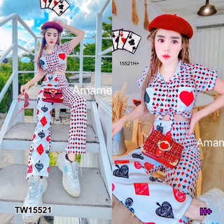 TW15521  Set 2 ชิ้น เสื้อเชื้อแขนสั้น ผูกด้านหน้า + กางเกงขายาว ทรงขากระบอก พิมลายไพ่ มีซิปข้าง งานผ้าไหมอิตาลี่ทั้งซต