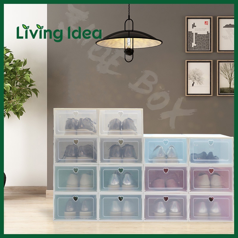 ภาพหน้าปกสินค้าLiving idea กล่องใส่รองเท้า พับเก็บได้และนำมาต่อกันได้หลายชั้น สีพาสเทล ฝารูปหัวใจ