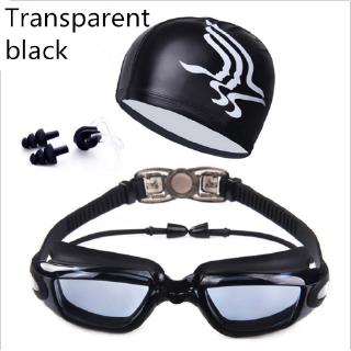 ภาพหน้าปกสินค้าแว่นตาว่ายน้ำกันน้ำและป้องกันหมอก HD สำหรับผู้ชายและผู้หญิงชุบแว่นตาพร้อมหมวกว่ายน้ำ ที่เกี่ยวข้อง
