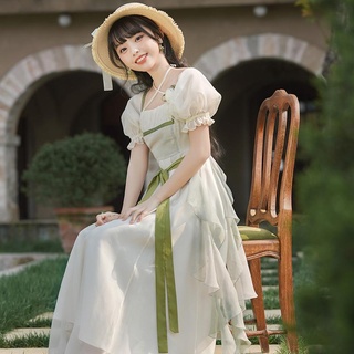 🔥Hot Sale/Guofeng 2022 Light Color Hanfu Temperament Fairy Skirt Printed Bandage Puff Sleeve Dress Daily