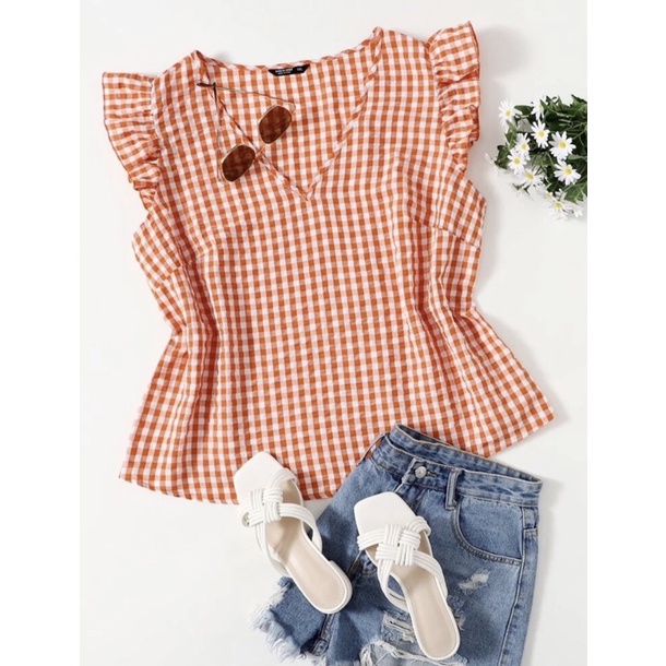 เสื้อสาวอวบ-งานป้าย-shein-ลายสก็อตสีออกส้มน่ารักมากๆ-พร้อมส่ง