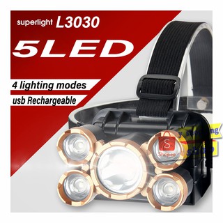 ภาพหน้าปกสินค้าL-3030 ไฟฉายคาดหัวflashlight headlamp 5 LED Outdoor  Rechargeable usb ซึ่งคุณอาจชอบสินค้านี้