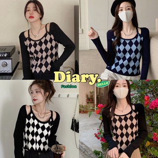 DIARY(7628)เสื้อครอปแขนยาวไหมพรมลายตารางดีเทลปาดไหล่น้อยๆเซ็กซี่น่ารัก