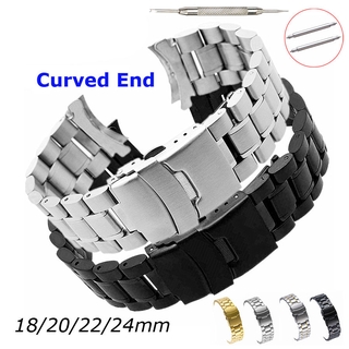 สินค้า Curved End Replacement Watch Band 18mm 20mm 22mm 24mm Stainless Steel Watch Strap Double Lock Buckle Wrist Belt SB5ZWT