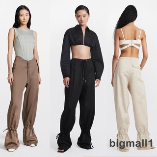 Bigmall- กางเกงขายาว ลําลอง ผูกเชือก เอวยางยืด ทรงหลวม ปรับได้ สีพื้น สําหรับสตรี