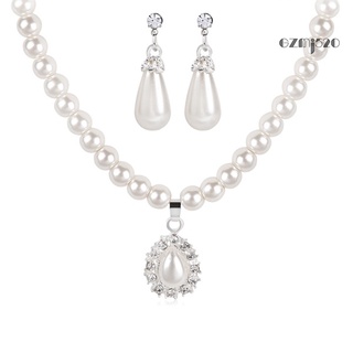 【AG】Water Drop Faux Pearl Beaded Rhinestone Bridal Necklace Earrings Jewelry Set