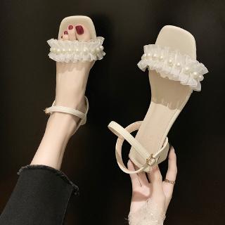 รองเท้าแตะผู้หญิง๒๐๒๐รุ่นใหม่ของ๑๐๐จุดที่แฟชั่นปุ่มไข่มุกที่มีสไตล์นางฟ้าแบบเปิด--นิ้วรองเท้าส้นสูง