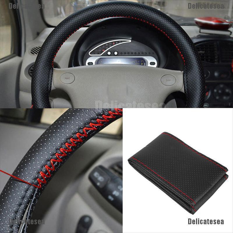 delicatesea-black-red-diy-car-steering-wheel-cover-38cm-with-needle-and-thread-good-goods