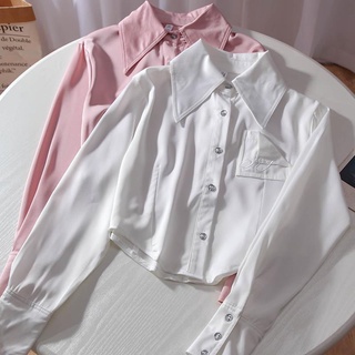 เสื้อเชิ้ตแขนยาว คอปก เอวสูง ทรงไม่สม่ําเสมอ แฟชั่นฤดูใบไม้ผลิ และฤดูร้อน สําหรับผู้หญิง