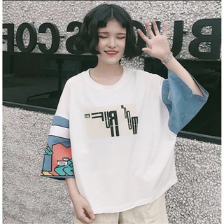 [ขายดี] เสื้อแฟชั่นผู้หญิง oversize มีลายทีแขน แขนสั้น สไตล์เกาหลี สวมใส่สบาย [พร้อมส่ง]