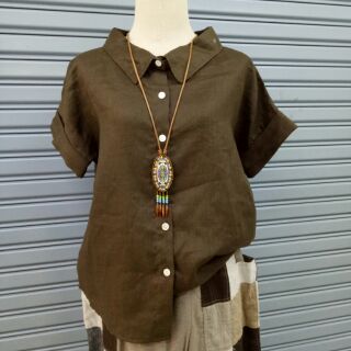 ( สอบถามก่อนสั่งสินค้า) เสื้อลินินปกเชิ้ตแขนสั้น เบิ้ลปลายแขนรอบอก 42 ถึง 44 นิ้วความยาว 24 นิ้วเป็นผ้าลินินนิ่มใส่สบาย