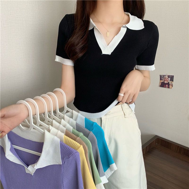 ey-shop688-พร้อม-ส่ง-81011-เสื้อแฟชั่นเกาหลีแขนสั้น-แต่งขอบสี-มีสไตล์-มีหลายสีผ้ายืดได้ใส่สบาย