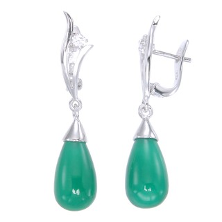 ต่างหูเงินแท้ 92.5 % ฝังพลอยแท้  กรีน อาเกต (green Agate) ประดับด้วยเพชรรัสเซีย รุ่น GE2377-AG