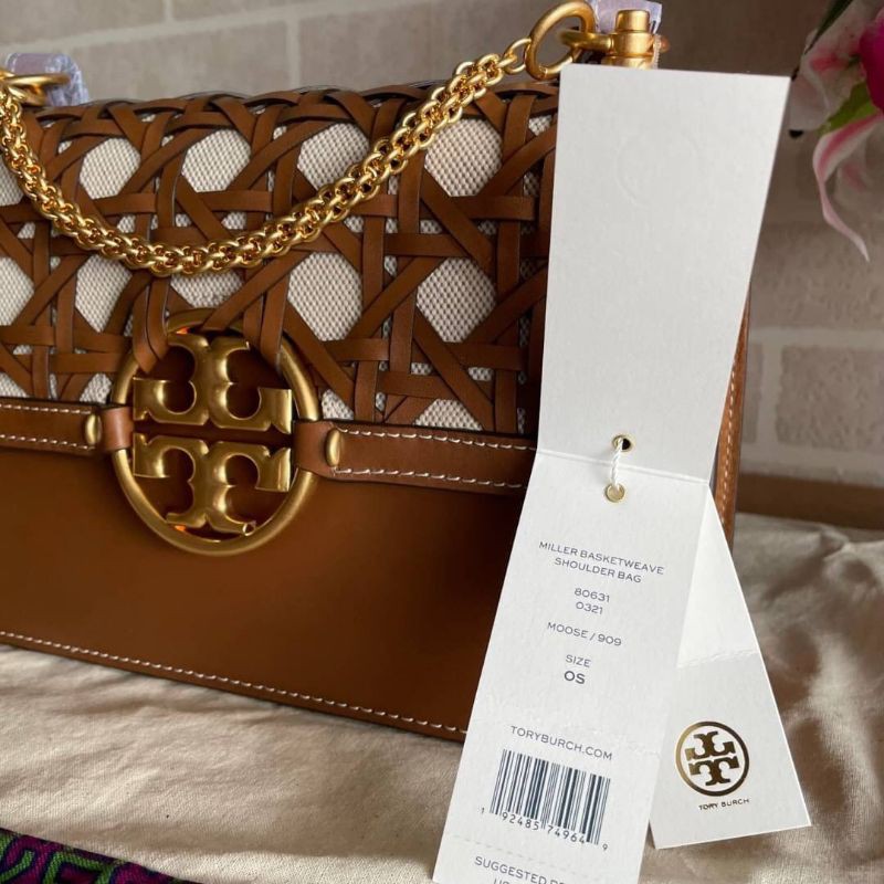 TORY BURCH Miller Basket Weave Moose Shoulder Bag