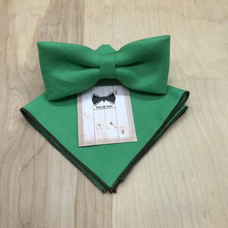 เซ็ทหูกระต่าย+ ผ้าเช็ดหน้าสูทลินิสีเขียวใบไม้