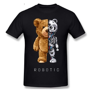 เสื้อยืดผู้ชาย เสื้อยืดลําลอง แฟชั่นสําหรับสตรี แขนสั้น คอกลม ลายการ์ตูนหมีเท็ดดี้ หุ่นยนต์ ขนาดใหญ่ S-5XL