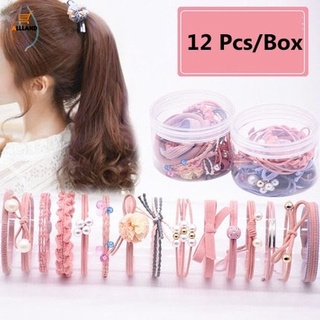 12 Pcs/Box Korean High Elastic Hair Ties/ Ice Cream Color Rubber Bands Hair Scrunchies/ INS Imitation Pearls Pendant Seamless Hair Rings