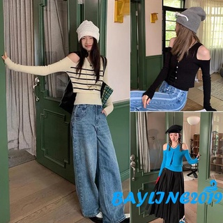 Bay- เสื้อถักลําลอง แขนยาว คอกลม ติดกระดุม เปิดไหล่ 2 ชิ้น สําหรับผู้หญิง