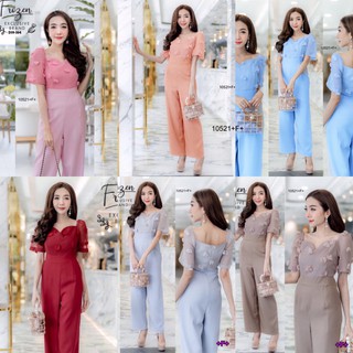 PE10521 Jumpsuit จั้มสูทคกว้าง แขนสั้นผ้าทอปักปุยๆ ตัดต่อช่วงกางเกงขายาว