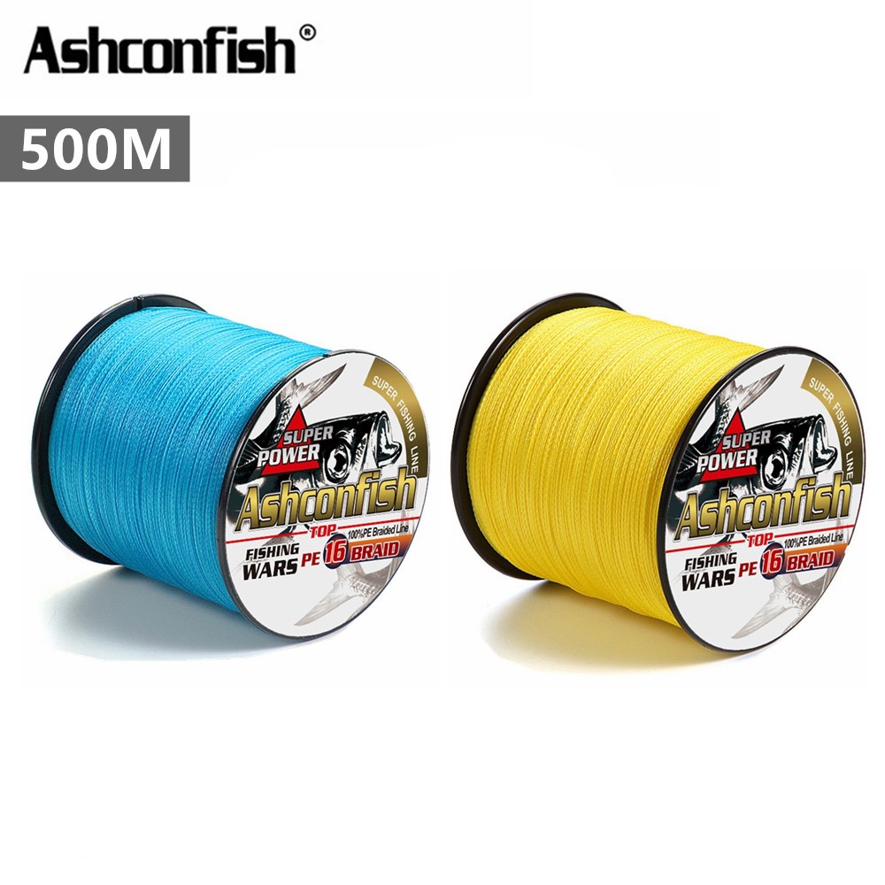 ashconfish-สายเอ็นตกปลา-pe-แบบถัก-16-เส้น-500-เมตร-pe-x16-สีเหลือง-สีฟ้า