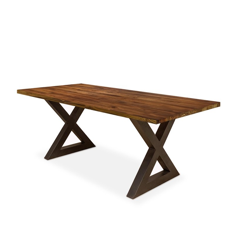 โต๊ะไม้สักประสาน-ขาเหล็กทรงตัว-x-ท็อปไม้เกรด-bb-สีสัก-โต๊ะสไตล์ลอฟท์-โมเดิร์น-จัดส่งฟรี