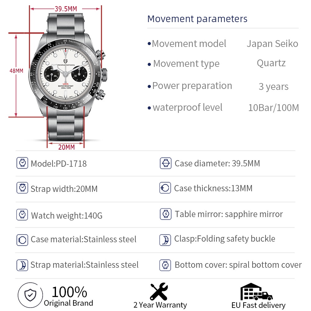 ภาพสินค้า100%เดิม Pagani Design แพนด้า ควอตซ์ นาฬิกาผู้ชาย Seiko VK64 โครโนกราฟ 10Bar นาฬิกาผู้ชายกันน้ํา นาฬิกาแฟชั่นผู้ชาย watch PD-1718 จากร้าน huayi.th บน Shopee ภาพที่ 3