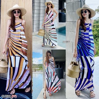 👗H2598 MaxiDress เดรสยาวสายเดี่ยว เนื้อผ้า 100D ลายกราฟฟิก ชายผ่าข้างและมีกระเป๋าข้างสองข้างเลยจ้า