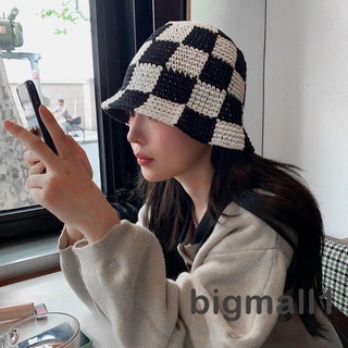 BIGMALL-Women Bucket Hat, Plaid Pattern Woven Style Hollow-Out Fisherman Hats, Ladies Sweet Beach Head Wear