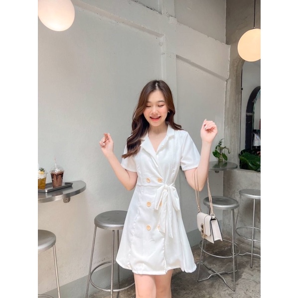 เดรสคอปกแขนสั้นสีพื้นทรงสูท-งานป้าย-nanny-shop