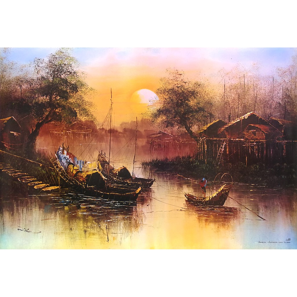 โปสเตอร์-ภาพวาด-สีน้ำมัน-ยามเย็น-วิถีชีวิต-เรือ-โบราณ-landscapes-painting-poster-20-x30-inch-sunset-canal-lifestyle