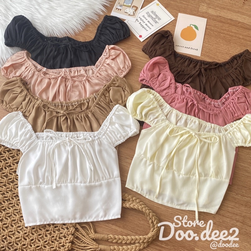 doodee2-เสื้อครอป-แขนจับจีบ-ผูกโบว์หน้า