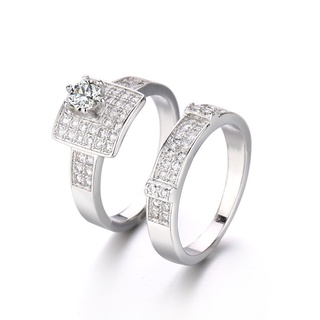 แหวนหมั้นแต่งงาน ชุบแพลตตินัม ประดับเพชร ทรงสี่เหลี่ยม สําหรับผู้หญิง 2 ชิ้น