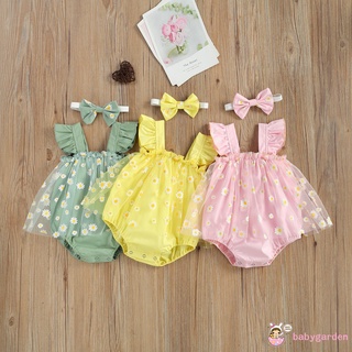 Babygarden - Baby ชุดจัมพ์สูทสําหรับเด็กทารกผู้หญิงแขนกุดปักลายดอกไม้ลูกไม้ + ที่คาดผม
