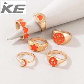 Ring Cherry Moon Love Pentagram Geometric Peach Heart Drip Ring 6-Piece Set for girls for wome