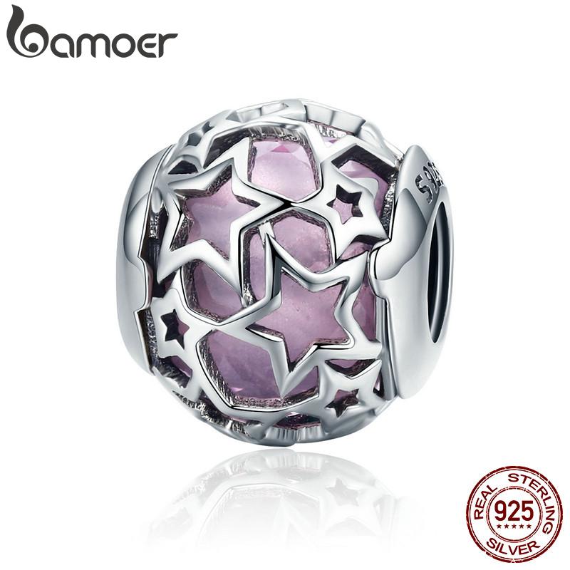 BAMOER Beads Fit  Charm Bracelets DIY Opalescent Pink Crystal 100% 925 Sterling Silver SCC510