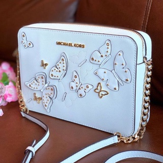 🎀 (สด-ผ่อน) กระเป๋าทรงกล่อง สีขาวแต่งผีเสื้อ 9 นิ้ว 35T9GX7C3L MICHAEL KORS JET SET BUTTERFLIES LEATHER