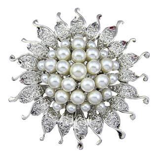 White Alloy Simulated Pearl Bridal Silk Flower Scarf Buckle Brooch Women Jewelry